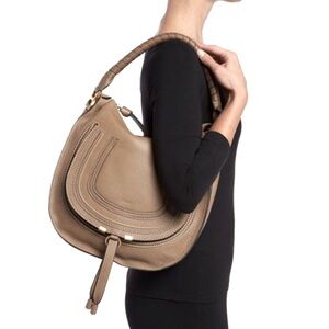 Chloé Marcie Leather Hobo Shoulder Bag Cashmere Grey Gold Hardware Medium Gray